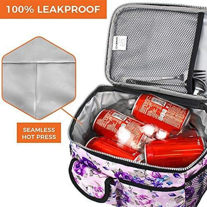 opux Insulated Lunch Bag Women Men, Dual Compartment Leakproof Lunch Box Adults Kids, Double Decker Meal Prep Bento Lunch Cooler Tote with Shoulder Strap for Work Office School Travel, Floral Purple
