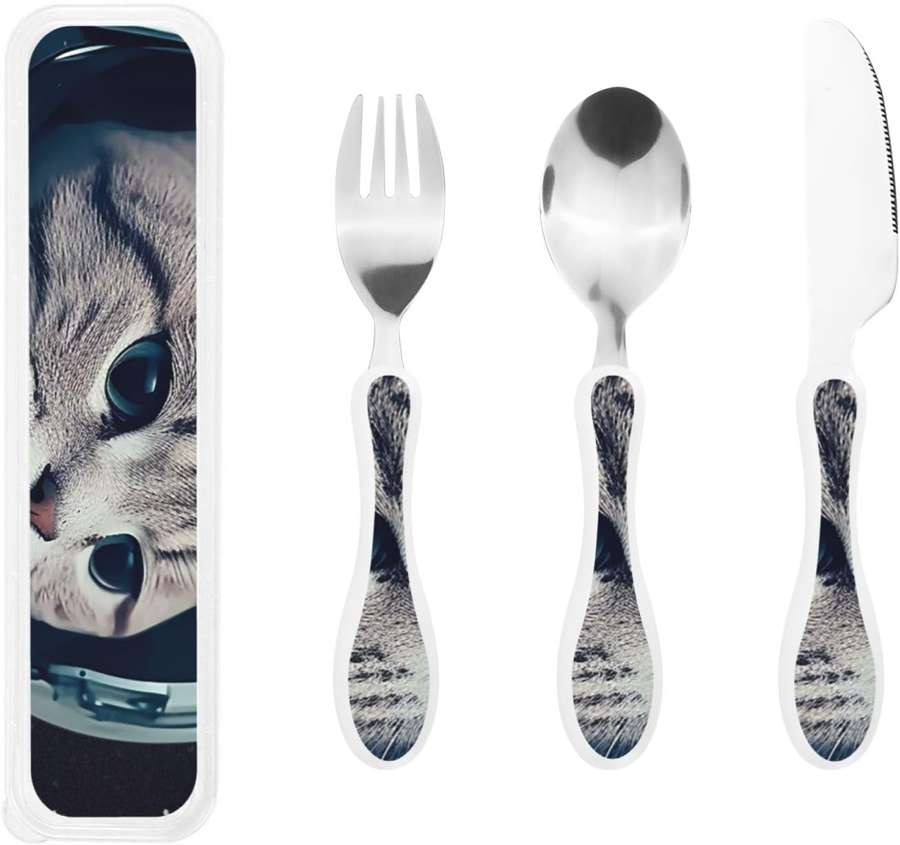 3-Piece Kids Silverware Set With Storage Case, Stainless Steel Reusable Children Safe Knife Spoon Fork Set Astronaut Cat Fish Children Flatware Set For Kids Lunch Box