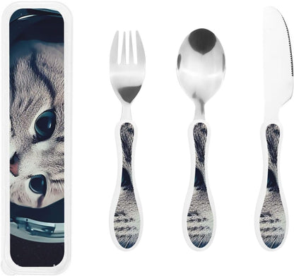 3-Piece Kids Silverware Set With Storage Case, Stainless Steel Reusable Children Safe Knife Spoon Fork Set Astronaut Cat Fish Children Flatware Set For Kids Lunch Box