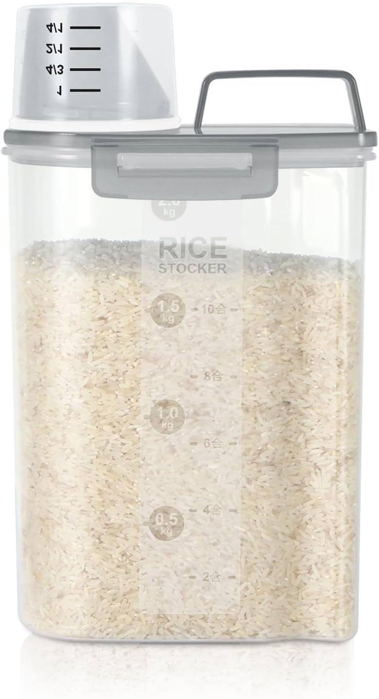 LEAWALK Airtight Rice Storage Container, 3-5Lbs Cereal Dry Food Flour Bin, Pet Dog Cat Food Dispenser with Measuring Cup, BPA Free Plastic Kitchen and Pantry Organization Bin for Sugar-Clear Grey