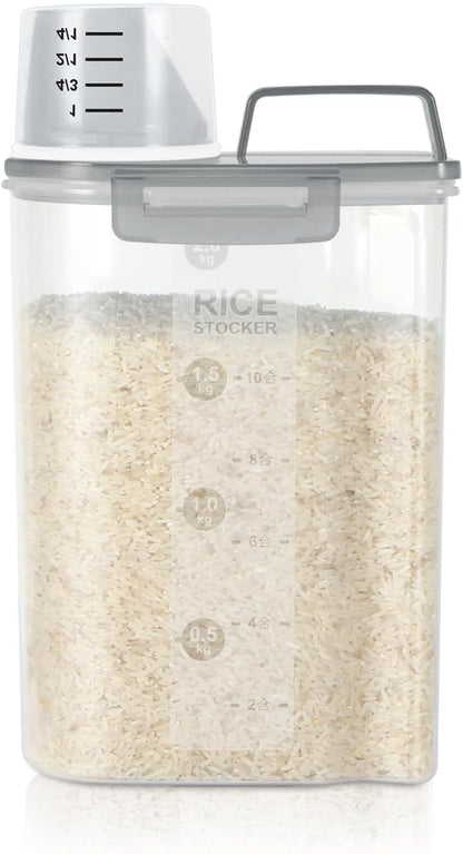 LEAWALK Airtight Rice Storage Container, 3-5Lbs Cereal Dry Food Flour Bin, Pet Dog Cat Food Dispenser with Measuring Cup, BPA Free Plastic Kitchen and Pantry Organization Bin for Sugar-Clear Grey