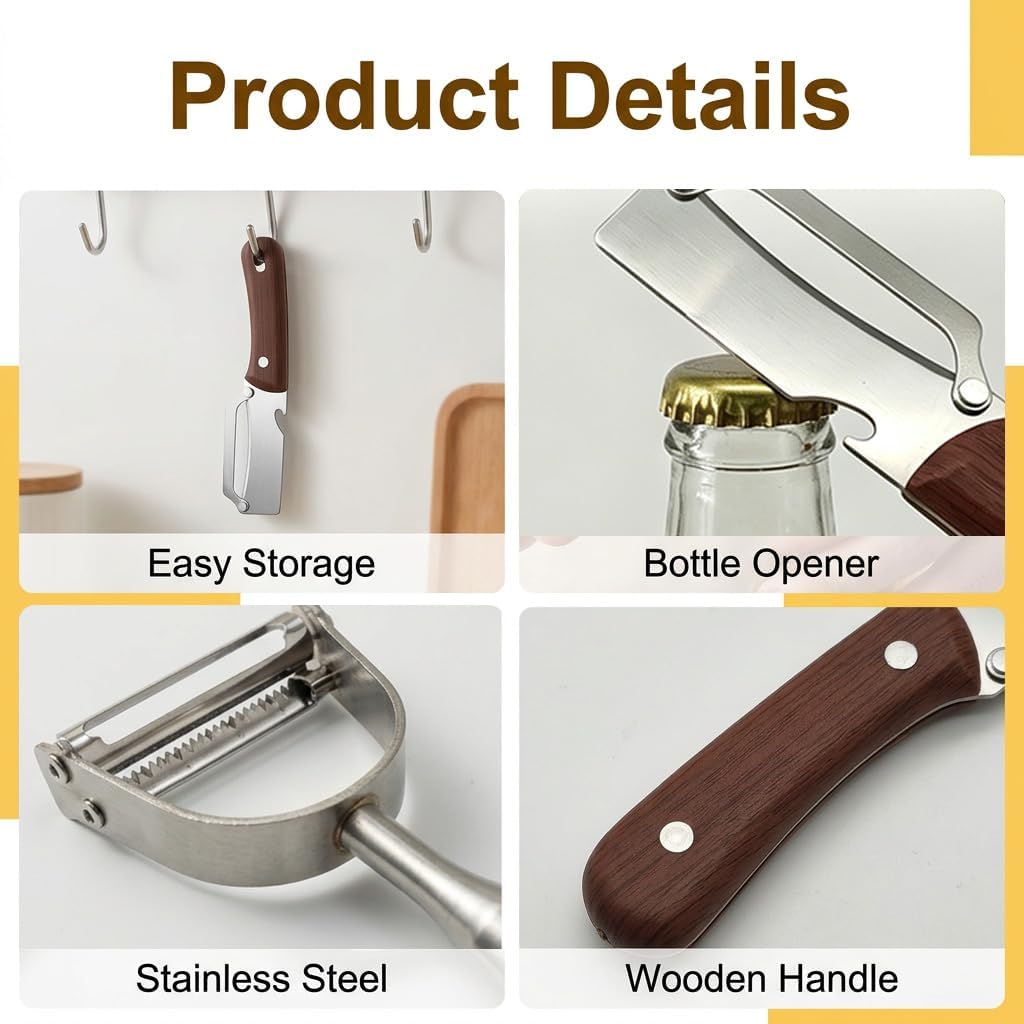 2 Pcs Multifunctional Vegetable Peeler,For Kitchen Stainless Steel Cutter Set With Wood Handle Bottle Opener Y Shaped Julienne Tool,For Potato Apple Pineapple Fruit Gadgets