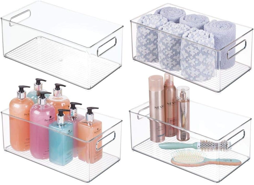 mDesign Plastic Bathroom Storage Container Bins w/ Handles - Closet, Cabinet, Vanity, Cupboard Shelf Organization, Hair Tools Accessory Organizer - Ligne Collection; Clear, ‎5x3.75x16 (Pack of 8)