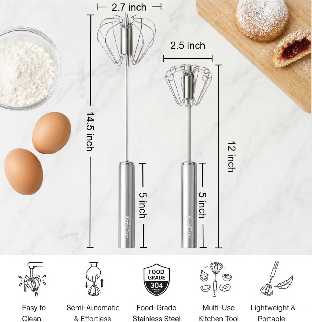 KSENDALO SUS304 Stainless Steel Whisk & Beater Set - Manual & Automatic Handheld Easy Semi-Auto Mixer for Cooking - 12 & 14inch Frother Spinner, Mixer & Stirrer for Eggs, Hand, and Milk