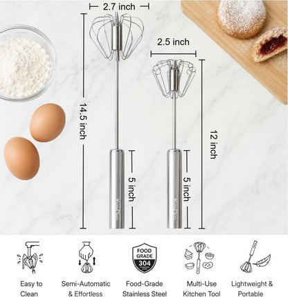 KSENDALO SUS304 Stainless Steel Whisk & Beater Set - Manual & Automatic Handheld Easy Semi-Auto Mixer for Cooking - 12 & 14inch Frother Spinner, Mixer & Stirrer for Eggs, Hand, and Milk