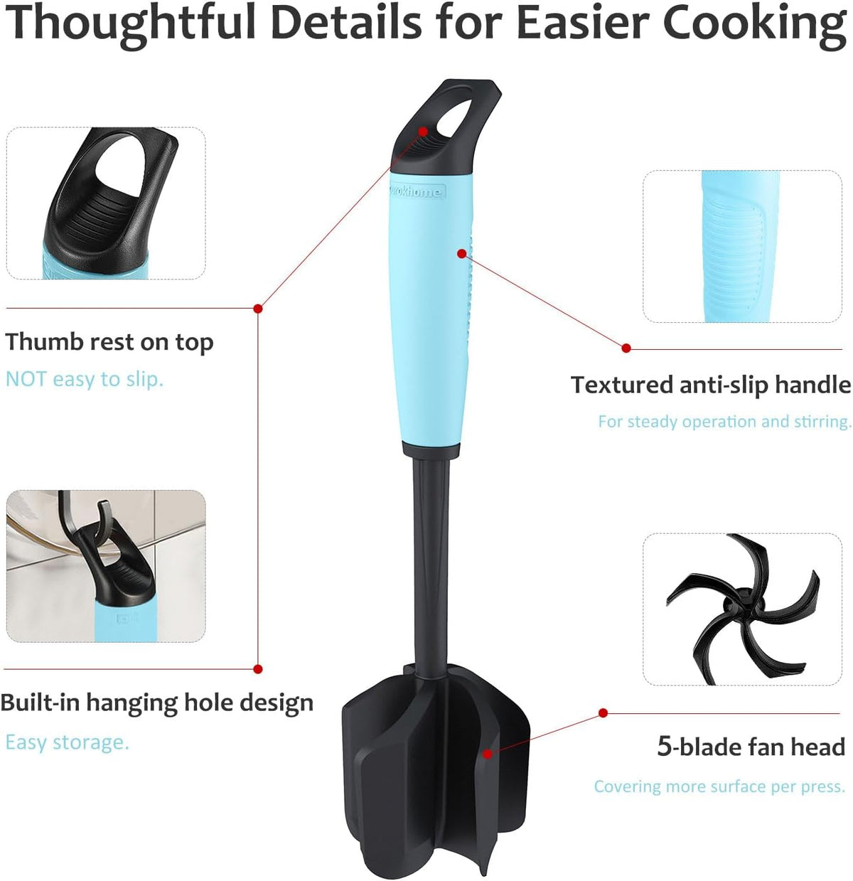 Ourokhome Meat Chopper and Potato Masher, Heat Resistant Nylon Ground Beef Smasher for Hamburger, 5 Curved Blades Nonstick Safe Mixer & Stirrer, Practical Kitchen Gadgets, Mint