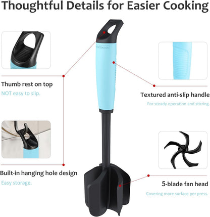 Ourokhome Meat Chopper and Potato Masher, Heat Resistant Nylon Ground Beef Smasher for Hamburger, 5 Curved Blades Nonstick Safe Mixer & Stirrer, Practical Kitchen Gadgets, Mint