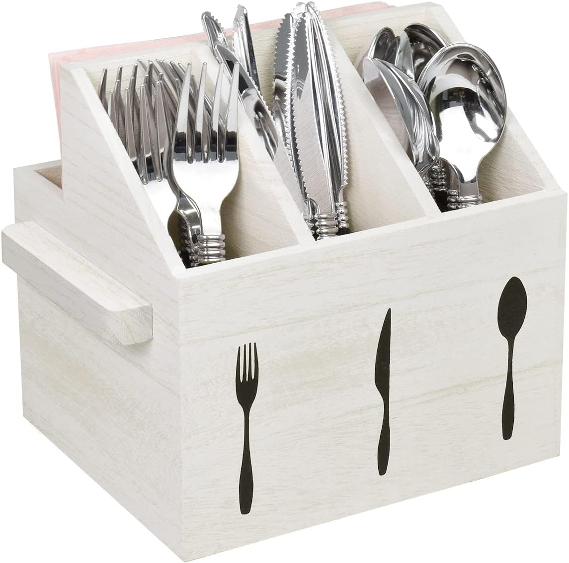 Ikee Design Wooden Utensil Caddy with Handles, Silverware Caddy, Silverware Holder for Countertop,Party,Camping and Kitchen, Silverware Organizer, Picnic Cutlery Holders, White Color