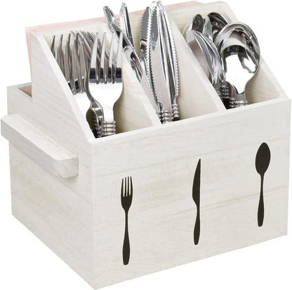 Ikee Design Wooden Utensil Caddy with Handles, Silverware Caddy, Silverware Holder for Countertop,Party,Camping and Kitchen, Silverware Organizer, Picnic Cutlery Holders, White Color