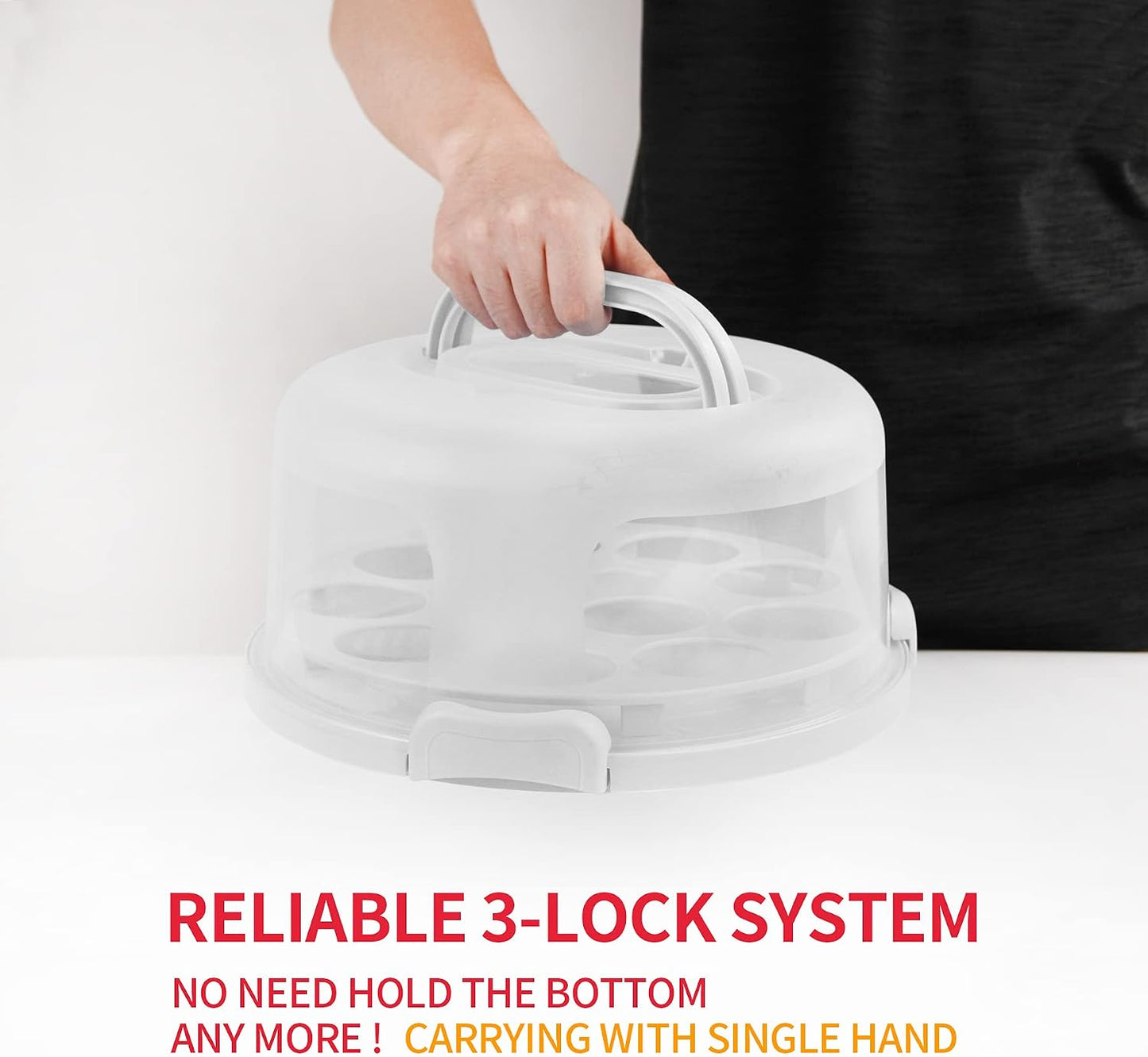 Portable Cake Carrier with Handle, Round Cupcake Holder with Lid, Plastic Storage Container Box fit 10 inch Cake, 3-Locking Muffin and Pies Keeper with Cover (White)