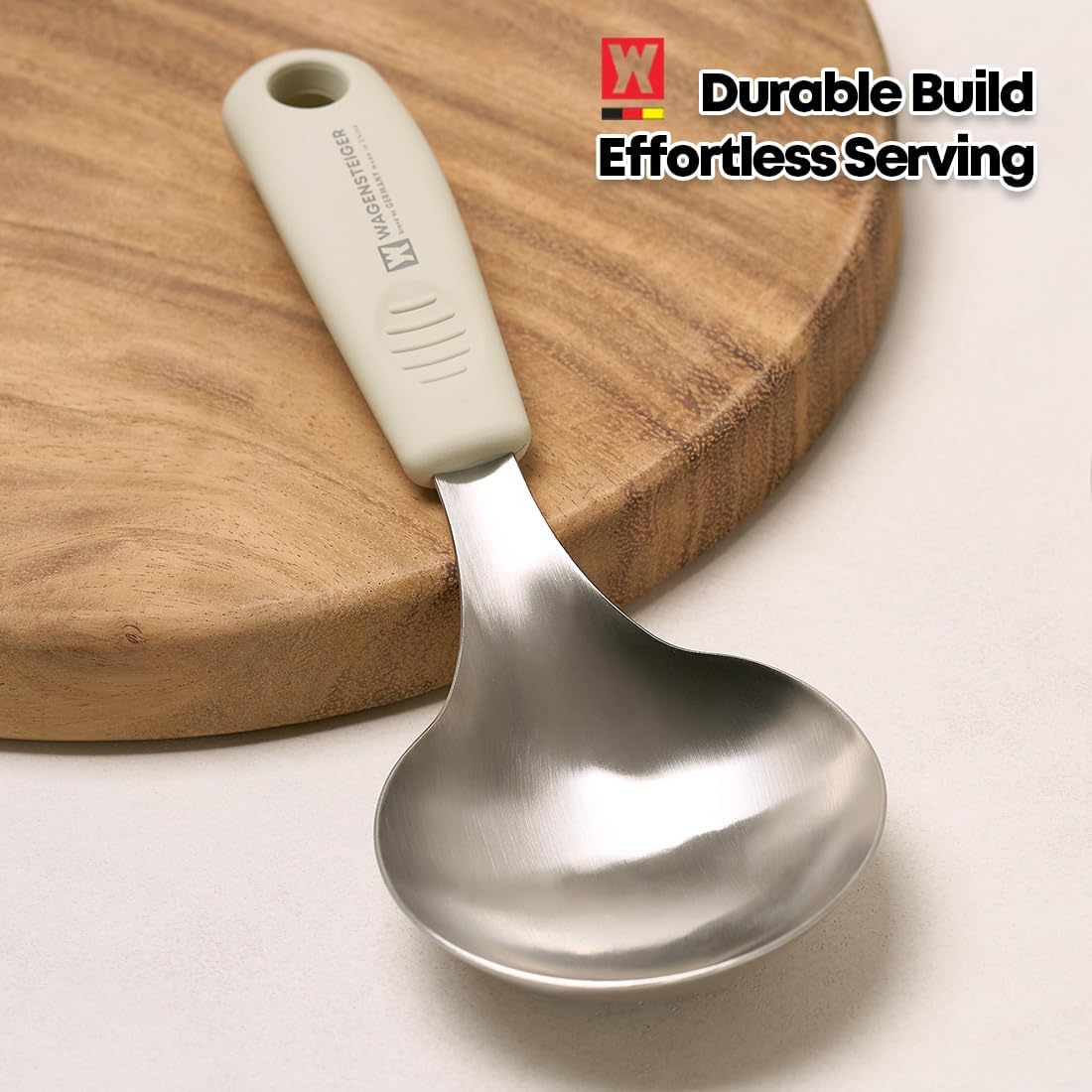 Short Stainless Steel Ladle 220mm (8.6”) – SUS304 Thick Deep Bowl Head with Soft-Grip Silicone Handle – Lightweight Mini Soup & Serving Spoon for Cooking – 5 Color Options (Gray)