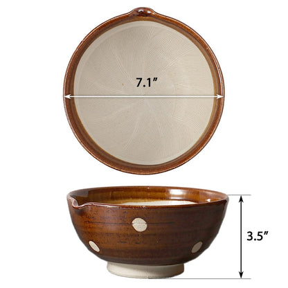 TIKUSAN Japanese Ceramic Ripple Ridge Mortar & Pestle Suribachi Bowl and Surikogi Set with Spout 7.1 inches Made in Japan (Brown)