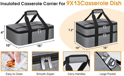Insulated Casserole Carrier, Portable Casserole Carrier for Hot or Cold Food Lunch Tote Warmer or Cooler Bag, Lasagna Lunch Bag for Potluck Parties- Fits 9" x 13" Baking Dish-Charcoal Grey