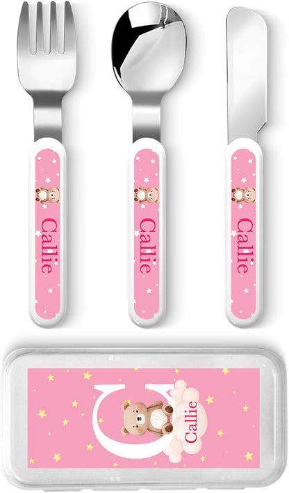 Personalized Stainless Steel Kids Utensils Set Custom Name on Kids Forks Knife and Spoons for 3 Pcs Kid Cutlery Set with Case (Truck)