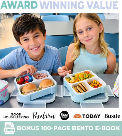 kinsho Medium Bento Boxes for Kids, Lunch Box for Boys Girls Toddler Adults, Leak-Proof 3 Compartment Containers for Meal or Snack at School Daycare Work Travel, BPA Free 2 Pack (Pastel Blue + Pink)
