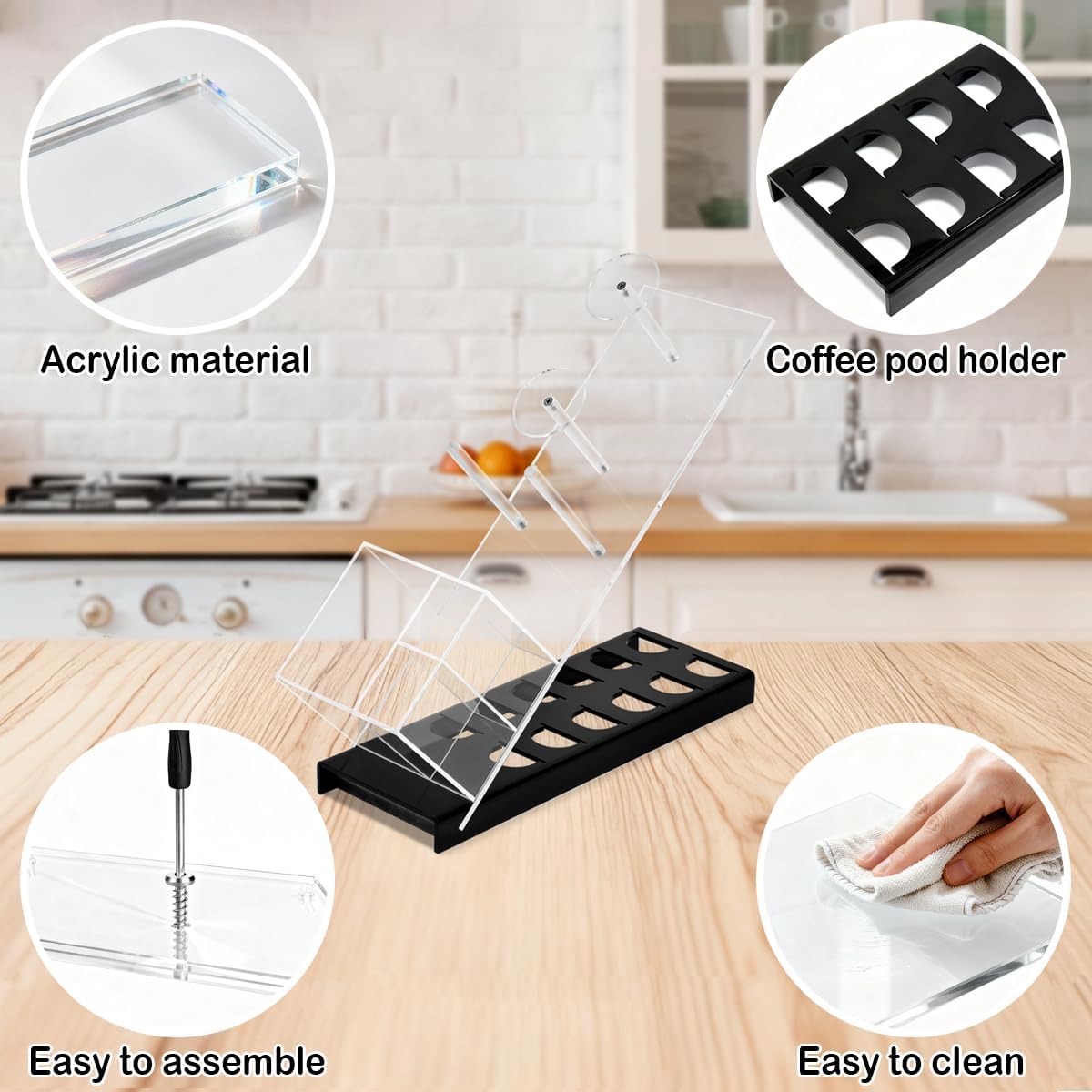 Acrylic Cup and Lid Holder with Coffee Pods Organizer, Adjustable Coffee Cup Holder 6 Compartment Dispenser for Disposable Cup and Straw Accessories Organizer, for Office, Home, Coffee Bar Countertop
