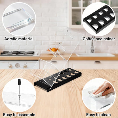 Acrylic Cup and Lid Holder with Coffee Pods Organizer, Adjustable Coffee Cup Holder 6 Compartment Dispenser for Disposable Cup and Straw Accessories Organizer, for Office, Home, Coffee Bar Countertop