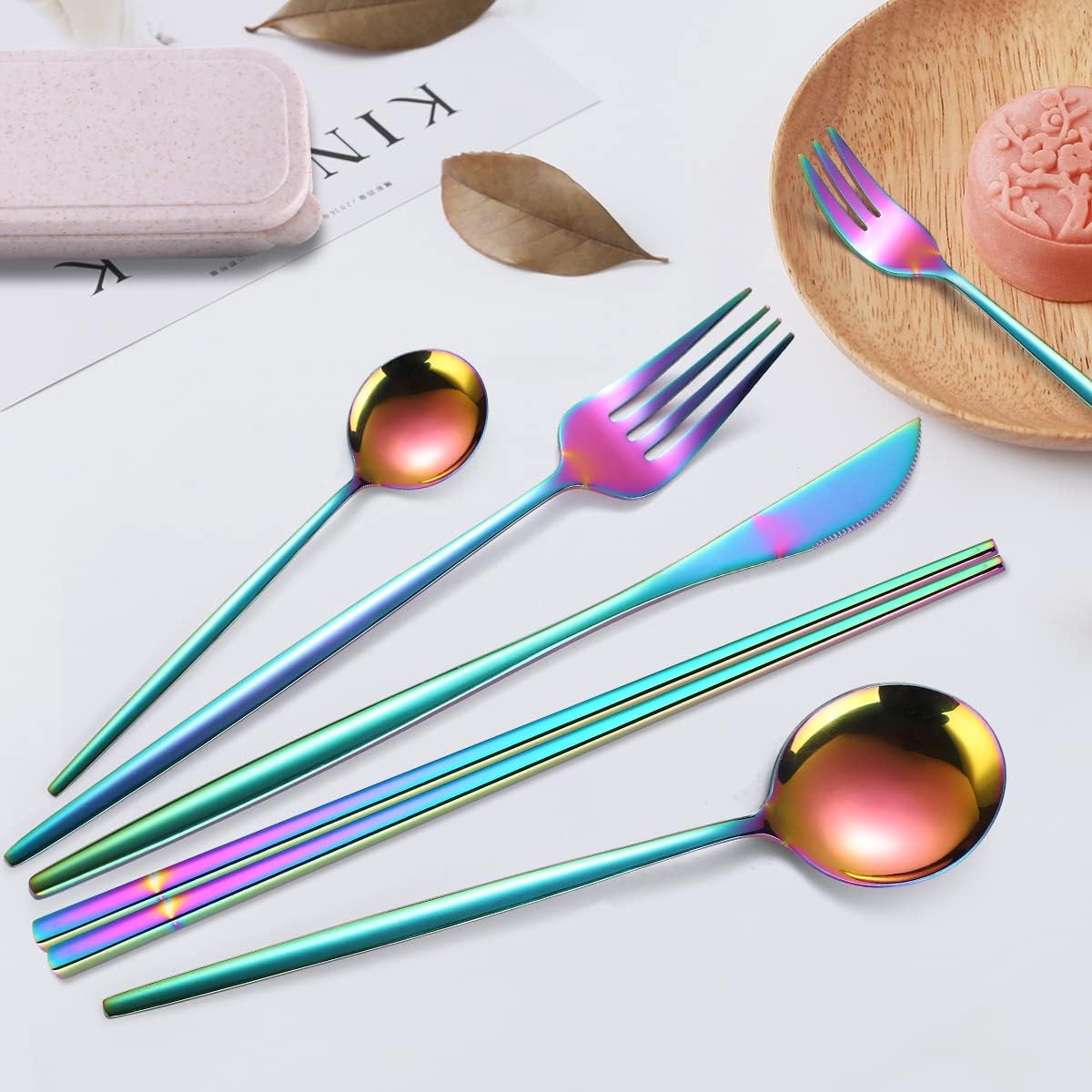 AARAINBOW 8 Pieces Stainless Steel Flatware Set Portable Reusable Cutlery Set Travel Utensils Set Including Chopsticks Knife Fork Spoon Straws Cleaning Brush Dishwasher Safe (Pink Golden)