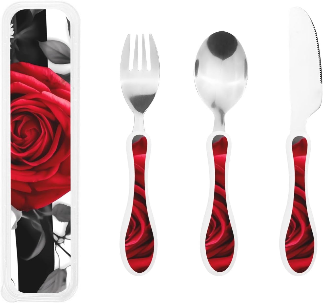 3-Piece Kids Silverware Set With Storage Case, Stainless Steel Reusable Children Safe Knife Spoon Fork Set Black White Stripes Red Rose Flowers Children Flatware Set For Kids Lunch Box