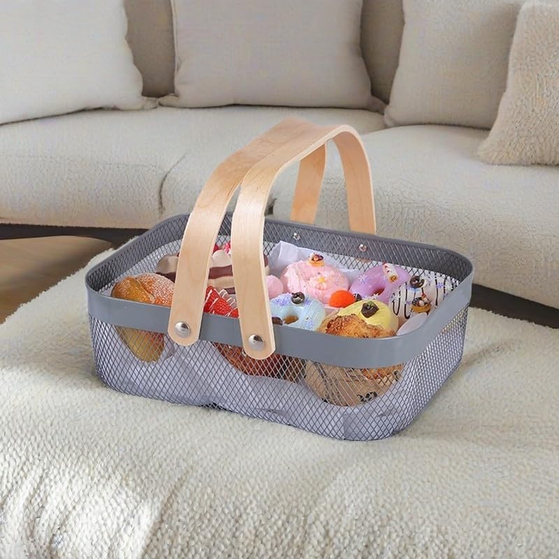 AJIODA Metal Mesh Steel Basket, Storage Organizer Basket Garden Harvest Basket Multi-functional Kitchen Fruit Baskets Bin with Wooden Handle for Bathroom Picnic Shopping Decor Cabinet Home, Pink