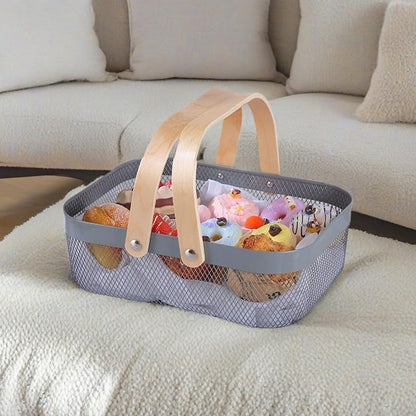 AJIODA Metal Mesh Steel Basket, Storage Organizer Basket Garden Harvest Basket Multi-functional Kitchen Fruit Baskets Bin with Wooden Handle for Bathroom Picnic Shopping Decor Cabinet Home, Pink
