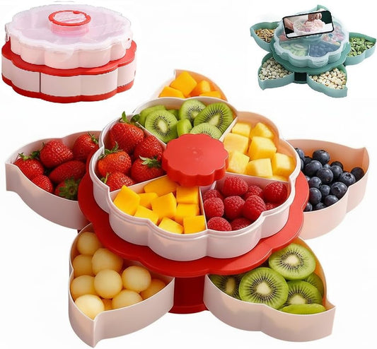 Divided Serving Tray that Spins - Perfect for Fruits Snacks, Dips & Party Appetizers, Rotating Snack Box Container with Phone Holder Lid, 2-Tier Lazy Susan Organizer Veggie Tray for Kitchen,Travel