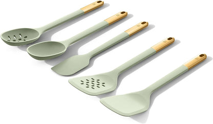 6 Piece Silicone Kitchen Utensil Set with Holder, Heat Resistant Cooking Tools, Nonstick Safe Spatula Spoon Turner Set with Ceramic Storage Crock