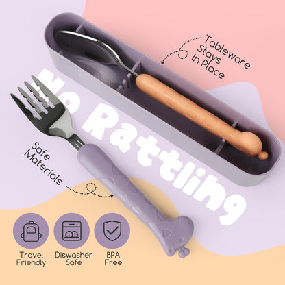 2-Piece Kid Utensils Set, 304 Stainless Steel Kids Fork and Spoon for Self-feeding, Safe Kid Silverware with storage case for School Lunch, Travel & Outdoors, Dishwasher Safe (Purple)