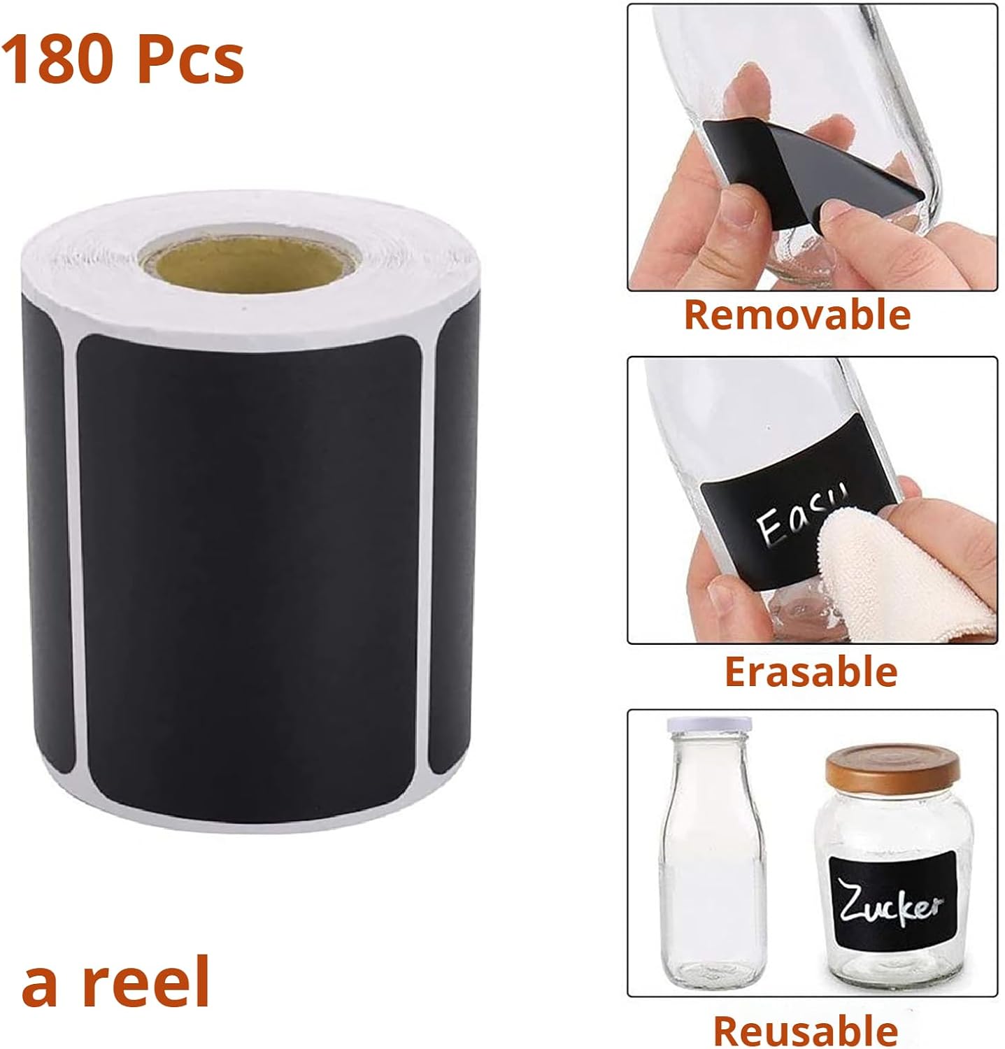 Chalkboard Labels 180pcs Waterproof Reusable Label Stickers with 2 White Liquid Chalk Markers for Storage Bin, Food Container, Mason Jars 5X7.5cm Black