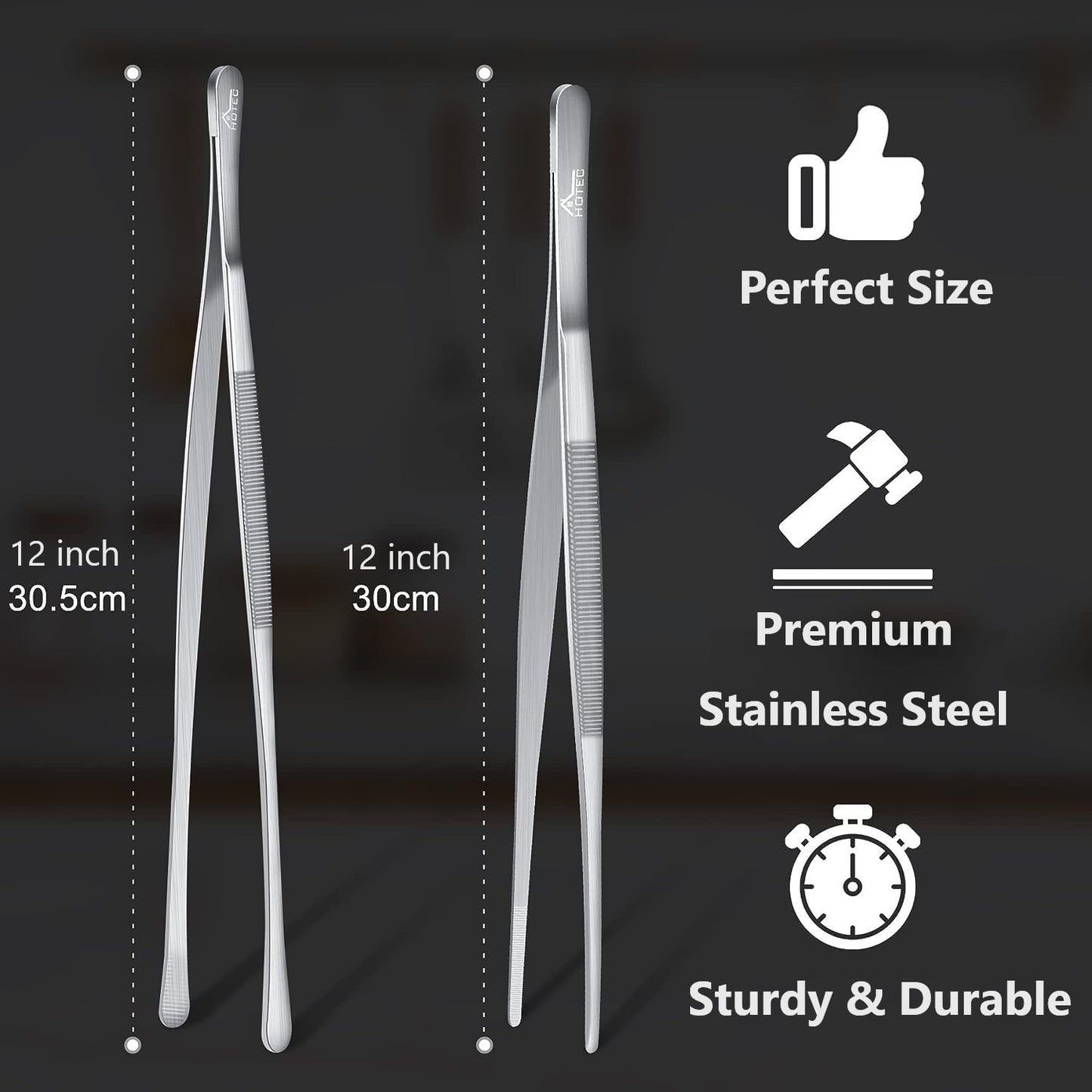 HOTEC Kitchen Tweezers Tongs Stainless Steel Professional Chef Tweezers, Set of 3-6.3", 10" and 12inch Food Tongs for Cooking, Repairing, Dessert, BBQ, Meat, Pasta