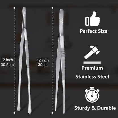 HOTEC Kitchen Tweezers Tongs Stainless Steel Professional Chef Tweezers, Set of 3-6.3", 10" and 12inch Food Tongs for Cooking, Repairing, Dessert, BBQ, Meat, Pasta