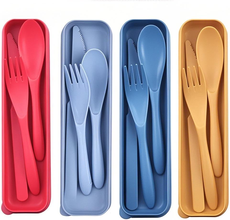 Reusable Utensils Set with Case, Wheat Straw Portable Spoon and Fork Set, Plastic Work School Kids Adults or Daily Use Cutlery Set - for Lunch Box Use Outdoor (Red)