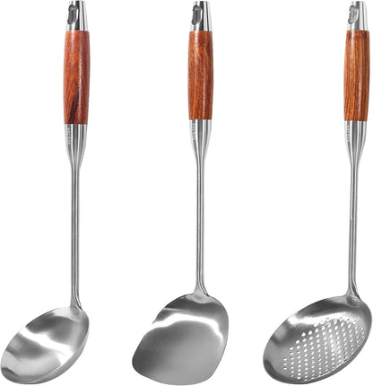 304 Stainless Steel Wok Utensils Set, 3-Piece 15 Inch Extra Long Professional Wok Tools with Wooden Handle, Includes Spatula, Skimmer & Soup Ladle for Carbon Steel Wok