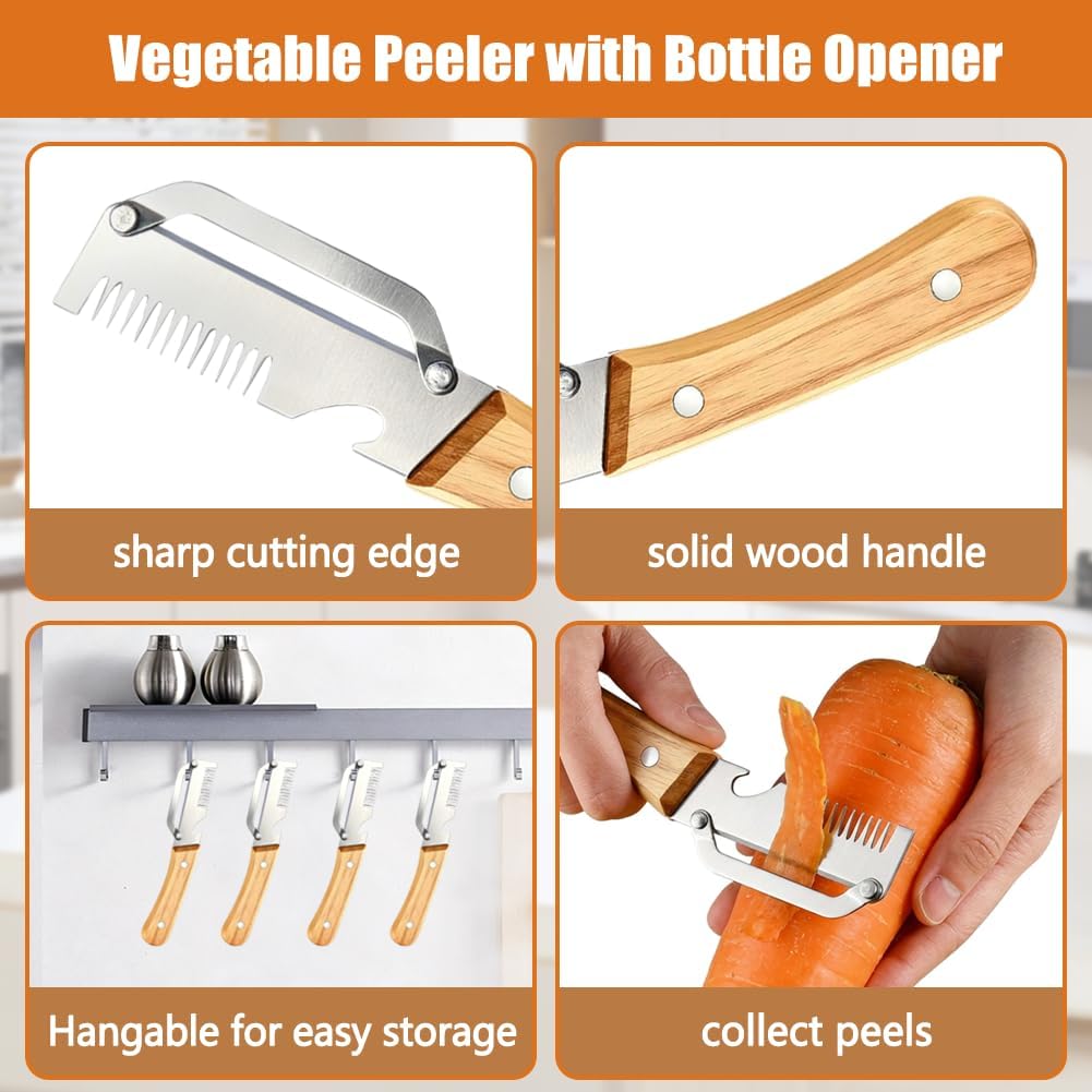 Multifunctional Vegetable Peeler with Bottle Opener Julienne | 4PCS, Stainless Steel, Wooden Handle, Fruit Potato Carrot Pumpkin, 3-in-1 Peeler