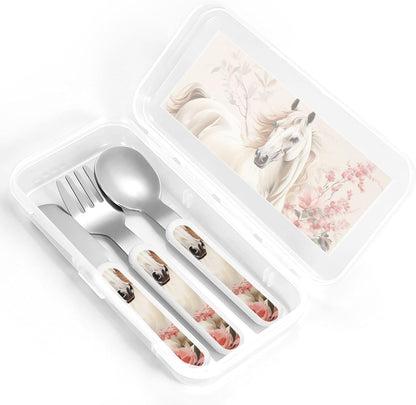3-Piece Children Utensils Set Horse Image Knife Spoon Fork Set Stainless Steel Silverware Set Easy-Grip Reusable Utensils Set Child Flatware Set with Case for Lunch Travel