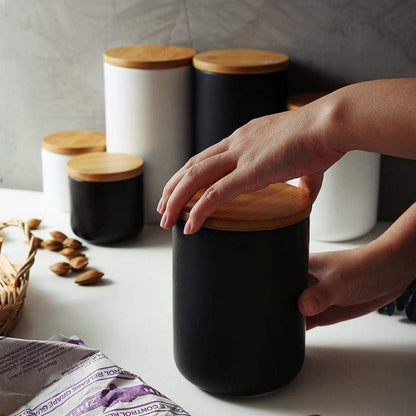 MilkyWay Ceramic Food Storage Jar Canister Modern Design Food Canisters with Airtight Seal Bamboo Lid, Loose Tea Coffee Spice Nuts Snacks Storage Jar Canister (White 8.79oz/260ml)