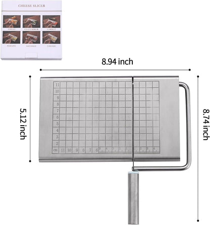 Cheese Slicer, Multipurpose Stainless Steel Cheese Cutter, Professional Upgrade with Sharp Blade & Engraved Measuring Scale Board for Block Cheese, Butter, Ham, Sausages Baking Gadget