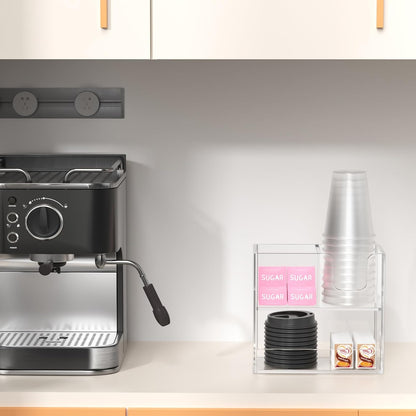 Coffee Condiment and Cup Organizer - 2-Tier Upright Cup and Lid Holder with Straw Organizer 2 Compartments Clear Acrylic Cup Dispenser for Restaurant Breakroom Coffee Station Countertop