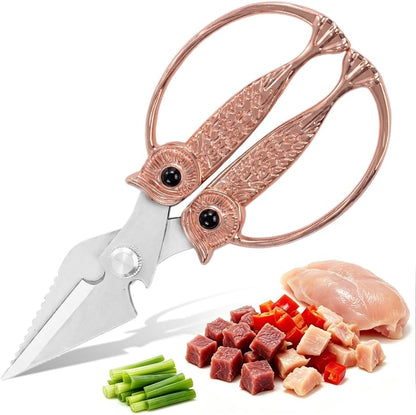 XSNBRD All Purpose Kitchen Scissors, Pearl Gold Stainless Owl Shears.