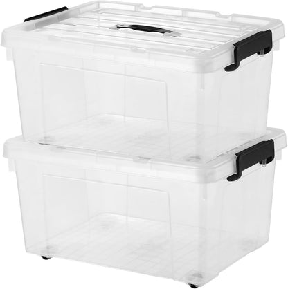 2 Packs 63 Quarts Heavy Duty Storage Bins with Wheels Lids, Plastic Storage Containers - Locking Lid, Stackable Clear Bins for Garage/Closet, Crush-Proof (2, 2 Pack 63 Qt. with Wheels)