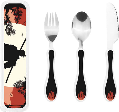 3-Piece Kids Silverware Set With Storage Case, Stainless Steel Reusable Children Safe Knife Spoon Fork Set Samurai Children Flatware Set For Kids Lunch Box
