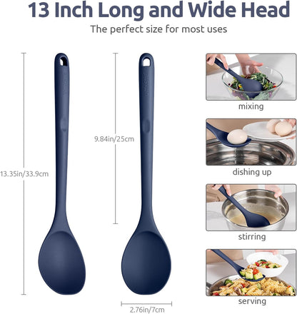 600ºF Heat Resistant Silicone Spoons: U-Taste 13.3in Solid & Slotted Kitchen Cooking Tool, Nonstick Long Rubber Utensil, Sturdy for Mixing, Serving, Stirring, Frying, Basting (Aqua Sky, 2PCS)