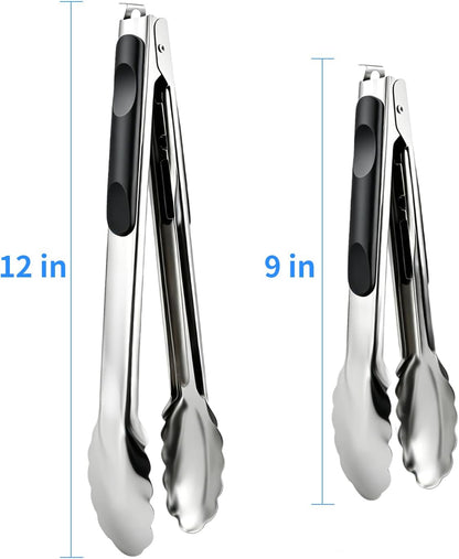 2 Pcs 9/12 Inch Kitchen Tongs for Cooking, BBQ & Salad - Heat-Resistant Stainless Steel Locking Tongs Set, Dishwasher Safe - Premium Kitchen Appliances & Cooking Tools