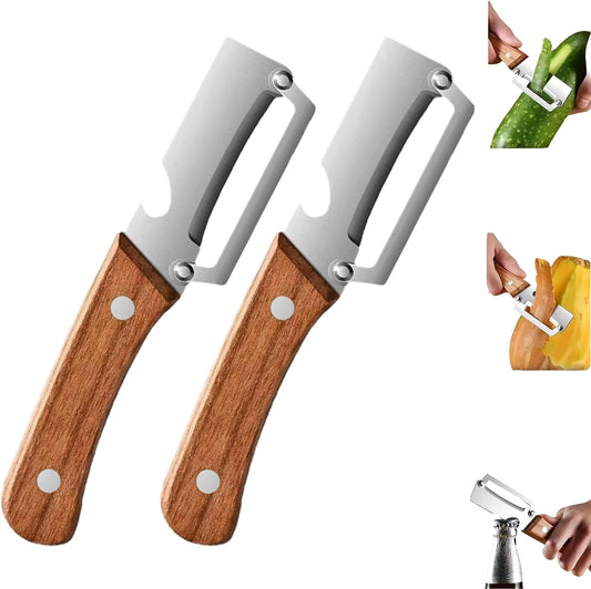 Vegetable Peeler with Wooden Handle and Bottle Opener, 2-in-1 Stainless Steel Kitchen Tool for Fruits, Potatoes, Pumpkins, 2 Pack