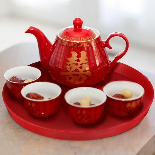 CHILDWEET Red Round Wedding Tray Chinese Style Snack Serving Platter for Candy Nuts Dried Fruits Weddings Parties and Chinese New Year Celebrations 12.6 Inch