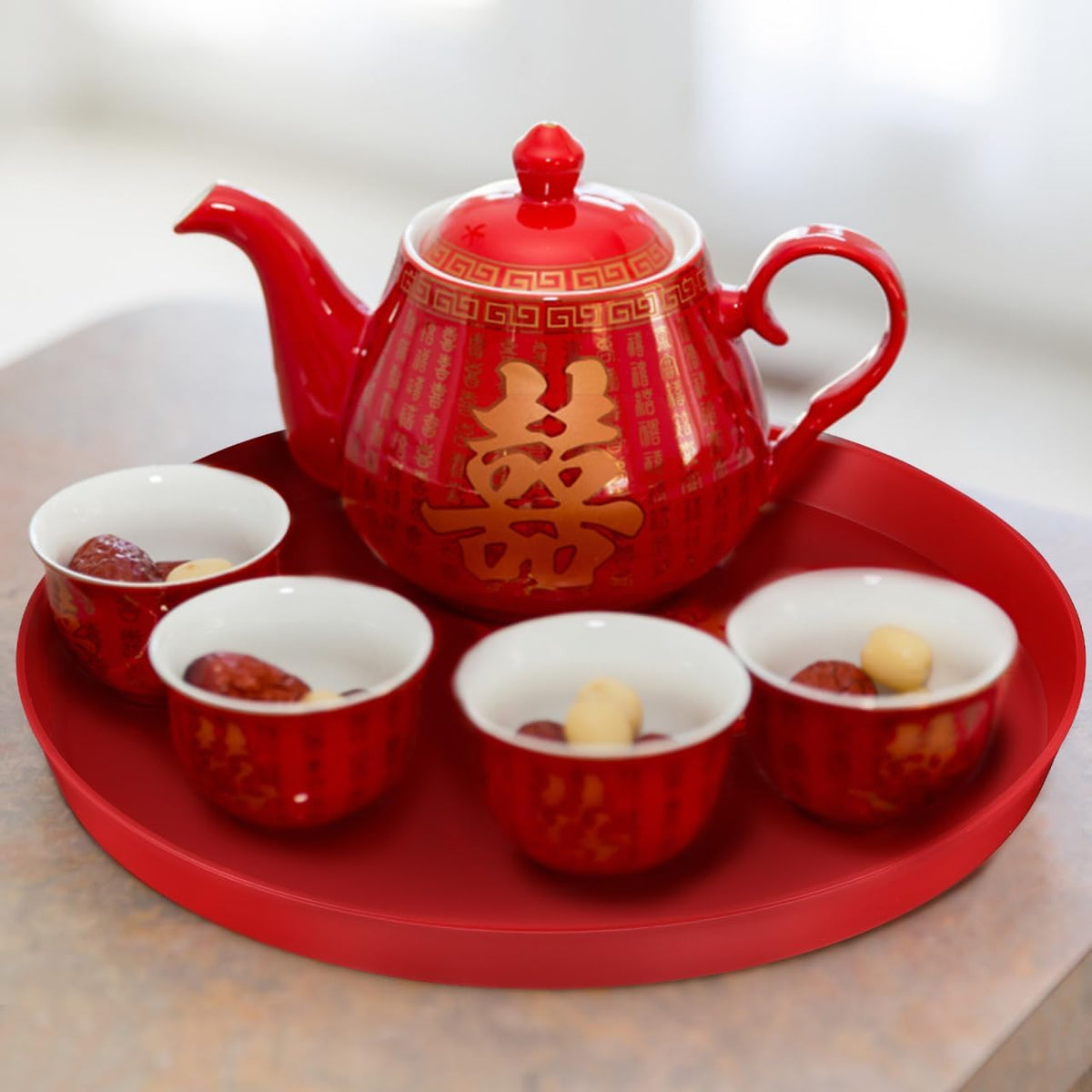 CHILDWEET Red Round Wedding Tray Chinese Style Snack Serving Platter for Candy Nuts Dried Fruits Weddings Parties and Chinese New Year Celebrations 12.6 Inch