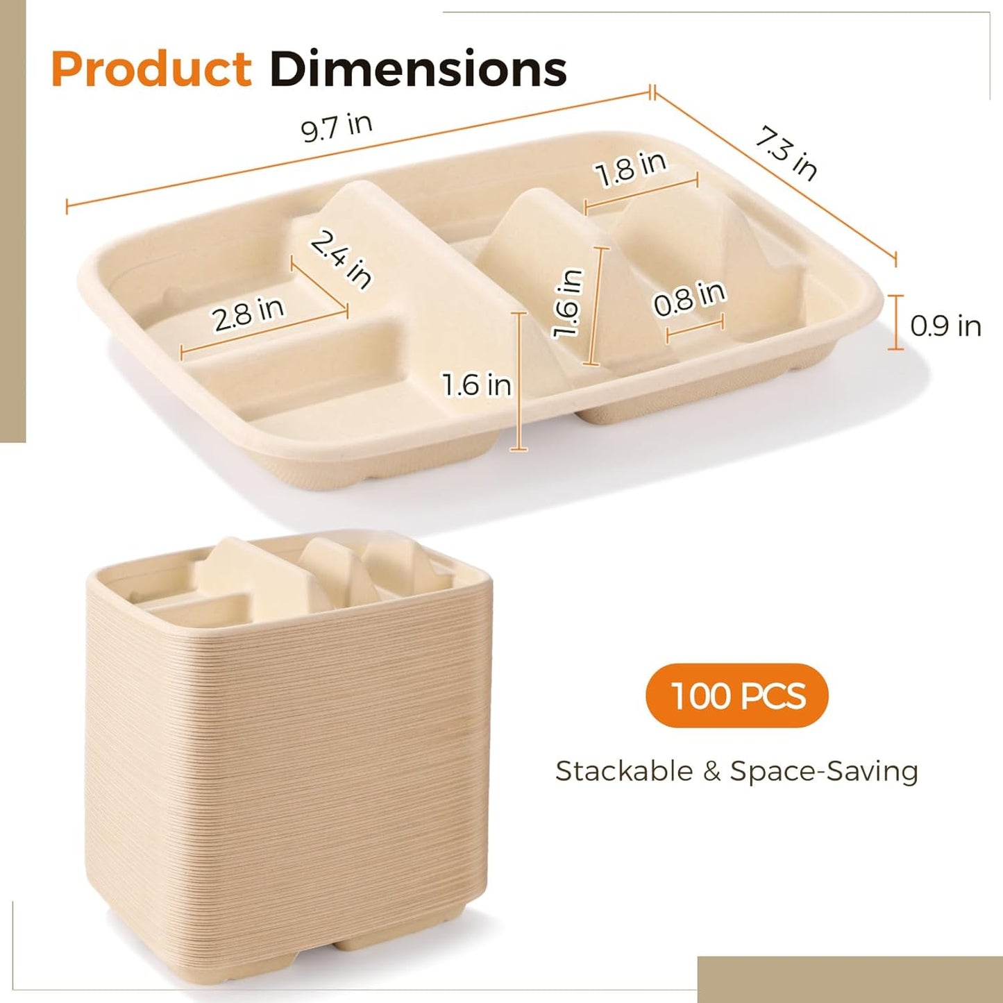 100 PCS Disposable Taco Holders, Bagasse Pulp 2-Slot Taco Plate with Side Compartments, Safe Plant Fiber Tray for Taco Tuesday, Party, Sandwich, Hot Dog, Sauce & Snack Serving, Thick(100)