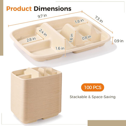 100 PCS Disposable Taco Holders, Bagasse Pulp 2-Slot Taco Plate with Side Compartments, Safe Plant Fiber Tray for Taco Tuesday, Party, Sandwich, Hot Dog, Sauce & Snack Serving, Thick(100)