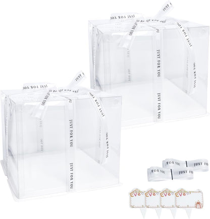 Clear Cake Box, 2 Pcs Transparent Cake Carrier Box with Lids, 4'' PET Packaging Boxes with Ribbon Gift Card for Pastries, Clear Gift Boxes for Birthday, Wedding and Festival Party, White.