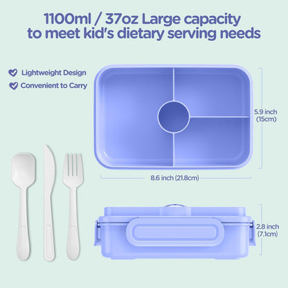 Jelife Bento Lunch Box for Kids - Leakproof Large Bento-Style with 4 Compartments Portions Lunchbox with Tableware Back to School, Reusable On-the-Go Meal and Snack Packing, Blue